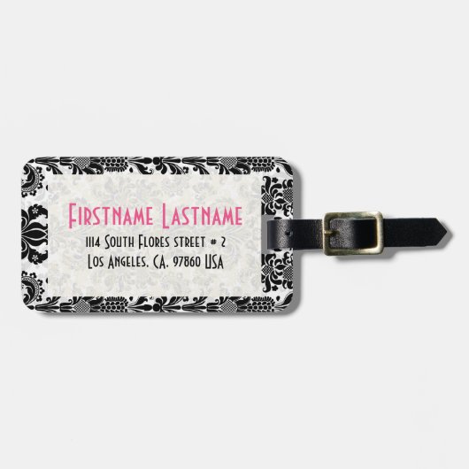 Schwarz-Weiß-Damasken mit Blumen Gepäckanhänger (Vorderseite horizontal)