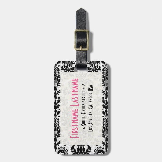 Schwarz-Weiß-Damasken mit Blumen Gepäckanhänger (Vorderseite vertikal)