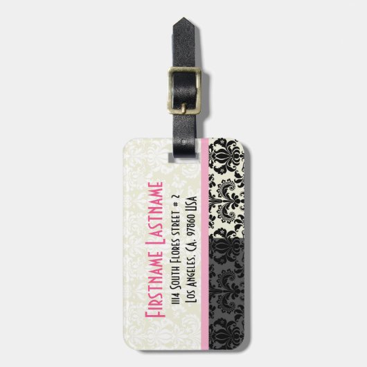 Schwarz-Weiß-Damasken mit Blumen Gepäckanhänger (Vorderseite vertikal)