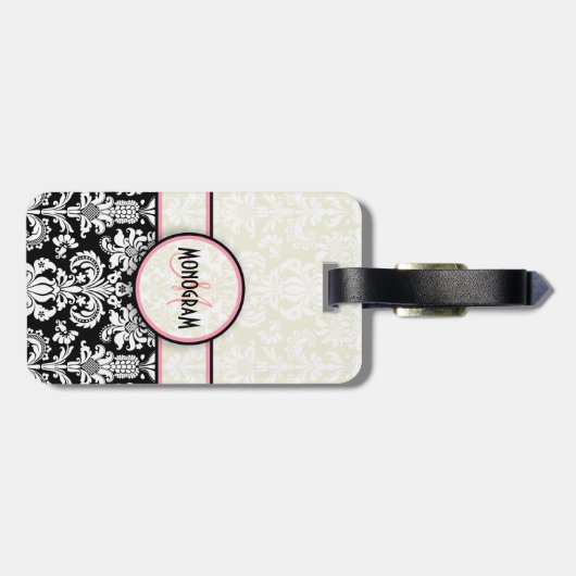 Schwarz-Weiß-Damasken mit Blumen Gepäckanhänger (Rückseite horizontal)