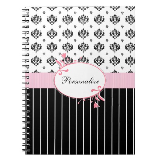 Schwarz-Weiß Damaskus Chic Rosa Blüte mit Namen Notizblock (Vorderseite)