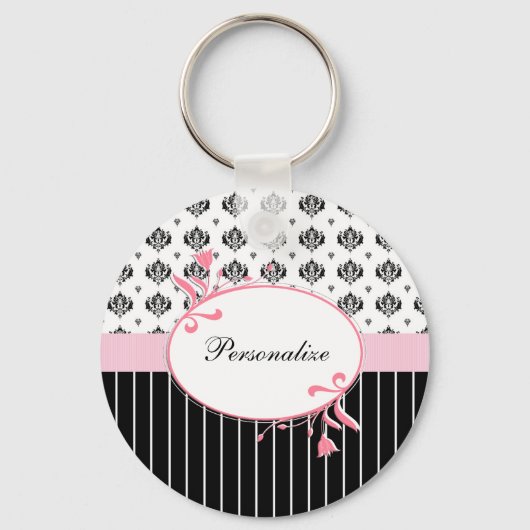 Schwarz-Weiß Damaskus Chic Rosa Blüte mit Namen Schlüsselanhänger (Vorderseite)