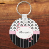 Schwarz-Weiß Damaskus Chic Rosa Blüte mit Namen Schlüsselanhänger (Vorderseite)