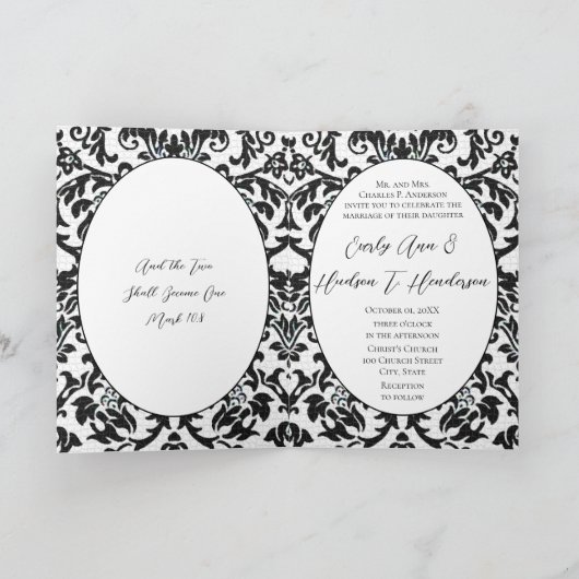 Schwarz-Weiß-Damaskus-Foto Bi-fold Wedding Einladung (Innenseite)