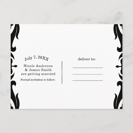 Schwarz-Weiß-Damaskus-Roter Bow-Glam Save the Date Ankündigungspostkarte (Rückseite)