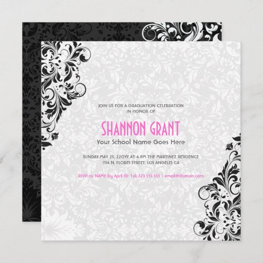 Schwarz-Weiß-Damaskus-Weiß-Grad-Einladung Einladung (Vorne/Hinten)