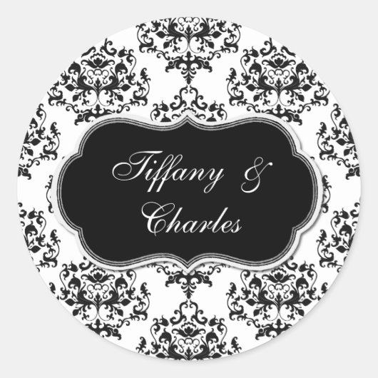 Schwarz-Weiß-Damast-Aufkleber für den Hochzeitstic Runder Aufkleber (Vorderseite)