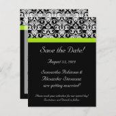 Schwarz/Weiß-Damast-Chartreuse Save the Date grün Ankündigungspostkarte (Vorne/Hinten)