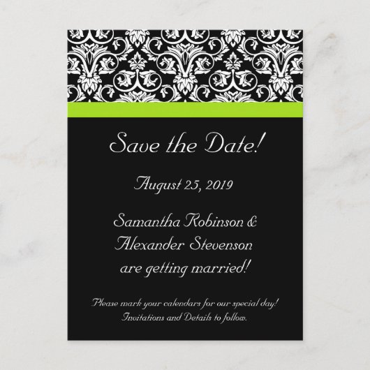 Schwarz/Weiß-Damast-Chartreuse Save the Date grün Ankündigungspostkarte (Vorderseite)