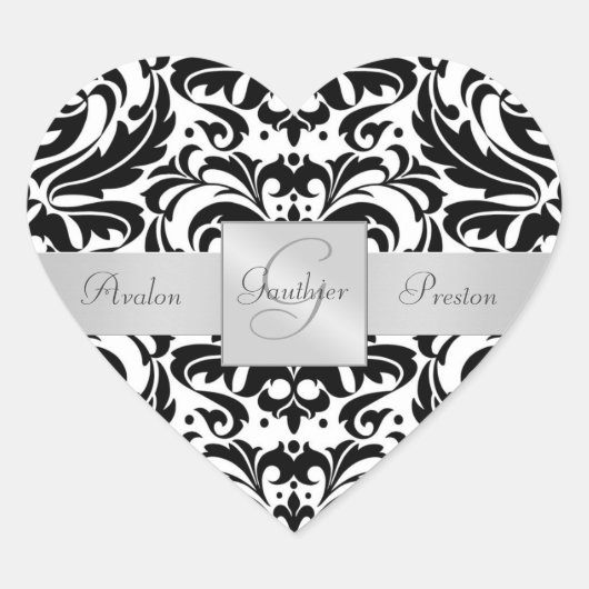 Schwarz-Weiß-Damast-Heart-Hochzeitsticker Herz-Aufkleber (Vorderseite)