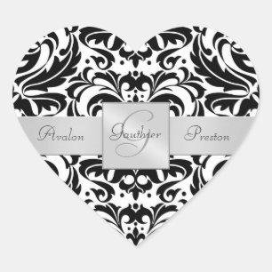 Schwarz-Weiß-Damast-Heart-Hochzeitsticker Herz-Aufkleber