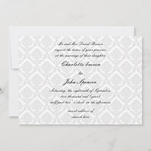 "Schwarz-Weiß"-Damast-Hochzeit lädt ein Einladung (Rückseite)