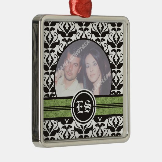 Schwarz-Weiß-Damast-Hochzeitsdekor Foto Ornament Aus Metall (Rechts)