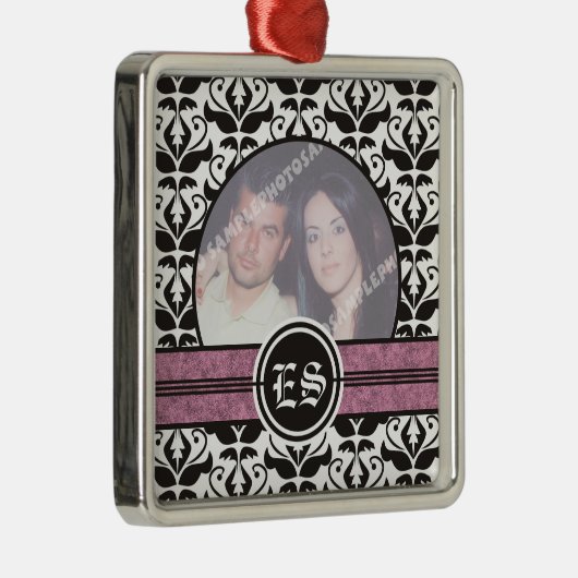 Schwarz-Weiß-Damast-Hochzeitsdekor Foto Silbernes Ornament (Rechts)