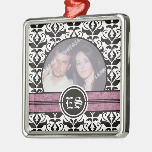Schwarz-Weiß-Damast-Hochzeitsdekor Foto Silbernes Ornament (Links)
