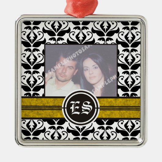 Schwarz-Weiß-Damast-Hochzeitsdekor Foto Silbernes Ornament (Vorne)