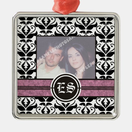 Schwarz-Weiß-Damast-Hochzeitsdekor Foto Silbernes Ornament (Vorne)