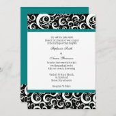 Schwarz-Weiß-Damast-Hochzeitsempfang mit Aquamarin Einladung (Vorne/Hinten)