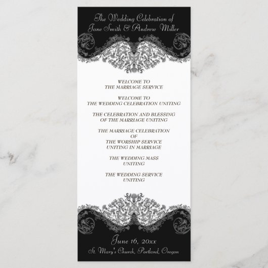 Schwarz-Weiß-Damast-Hochzeitsprogramme Programm (Vorderseite)