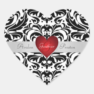 Schwarz-Weiß-Damast-Hochzeitsticker für Rotes Herz Herz-Aufkleber