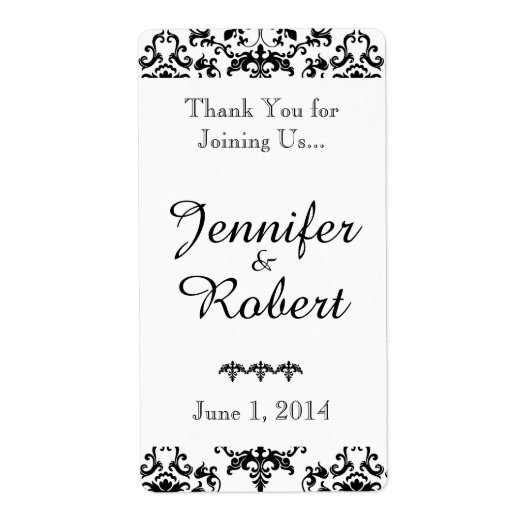 Schwarz-Weiß-Damast-Hochzeitsweinetikett (Vorne)