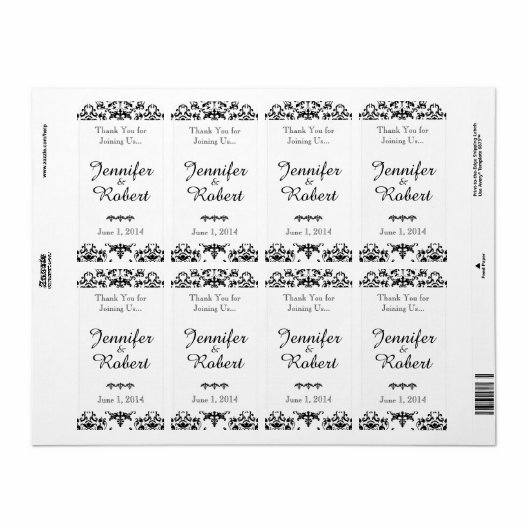 Schwarz-Weiß-Damast-Hochzeitsweinetikett (Vorne)