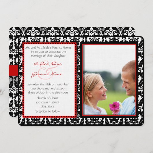 Schwarz-Weiß-Damast Ihr Foto Hochzeitsempfang Einladung (Vorne/Hinten)