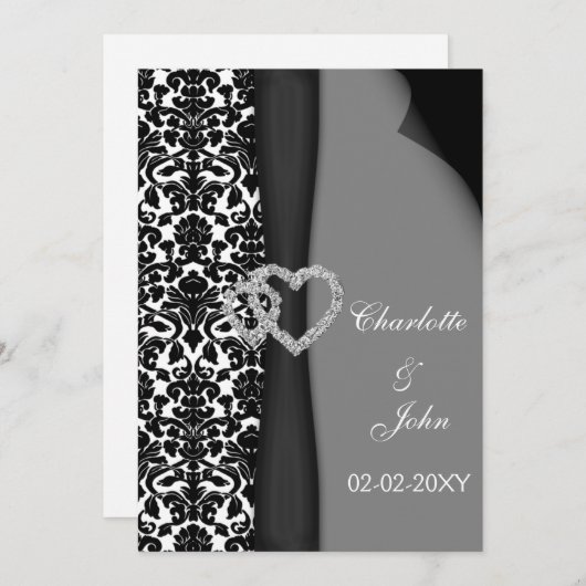 Schwarz-Weiß-Damast-IMITATE Farbbanddesign Einladung (Vorne/Hinten)