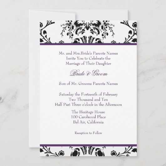 Schwarz-Weiß-Damast, maßgeschneiderte Hochzeit Einladung (Rückseite)