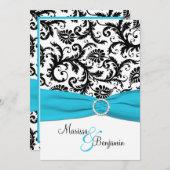 Schwarz-Weiß-Damast mit Blauer Imitat-Ribbon Einladung (Vorne/Hinten)
