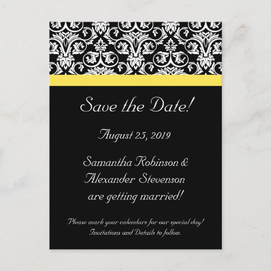 Schwarz/Weiß-Damast mit lebhaftem Gelb Ankündigungspostkarte (Vorderseite)