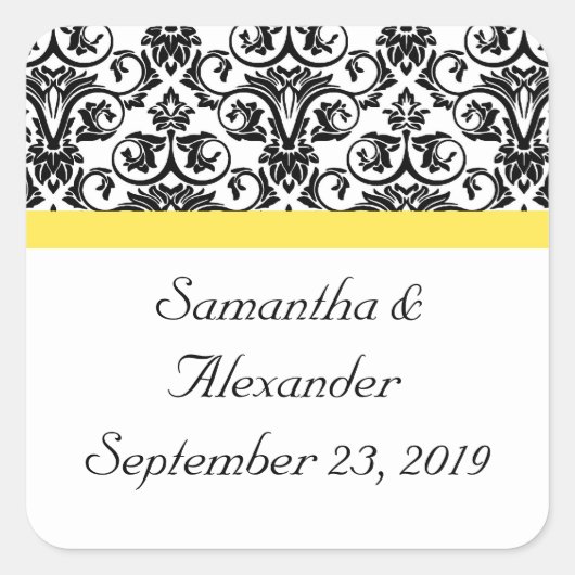 Schwarz/Weiß-Damast mit lebhaftem Gelb Quadratischer Aufkleber (Vorderseite)