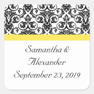 Schwarz/Weiß-Damast mit lebhaftem Gelb Quadratischer Aufkleber