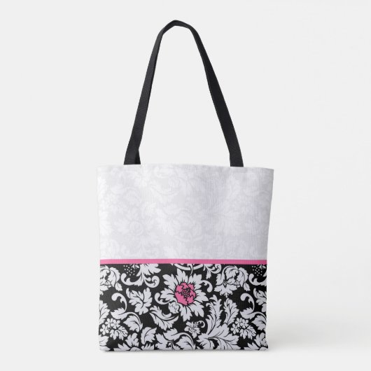 Schwarz-Weiß-Damast mit rosa Blume Tasche (Rückseite)