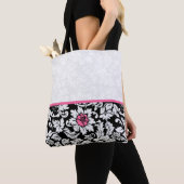Schwarz-Weiß-Damast mit rosa Blume Tasche (Von Nahem)