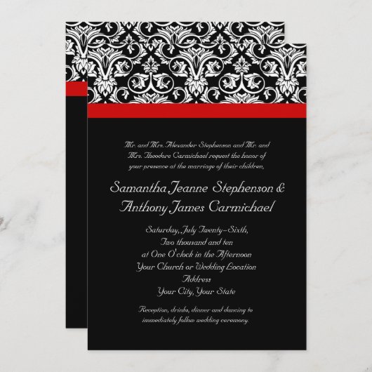 Schwarz/Weiß-Damast mit/roter Akzent entfernen Einladung (Vorne/Hinten)