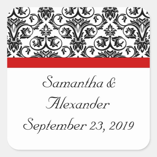 Schwarz/Weiß-Damast mit/roter Akzent entfernen Quadratischer Aufkleber (Vorderseite)