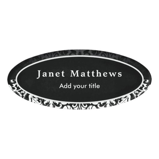 Schwarz-Weiß-Damast mit weißem Trimm Namenschild (Vorderseite)