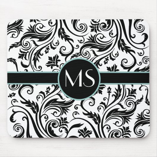 Schwarz Weiß Damast Monogramm Mousepad (Vorne)