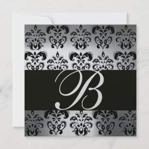 SCHWARZ & WEISS DAMAST MONOGRAMM Silber Mondstein Einladung