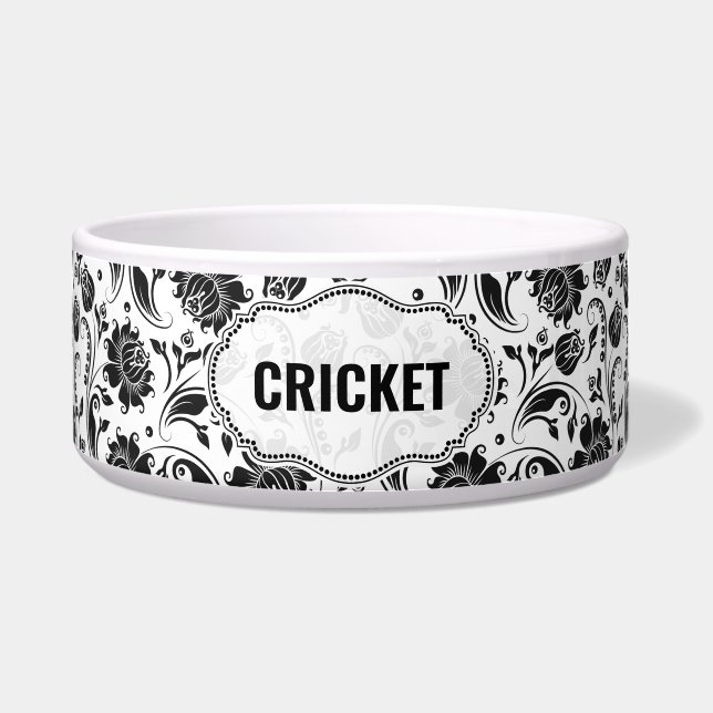 Schwarz-Weiß-Damast-Muster-Individuelle Name Napf (Vorderseite)