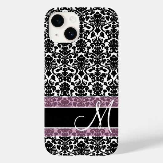 Schwarz-Weiß-Damast-Muster mit Monogramm Case-Mate iPhone Hülle (Rückseite)