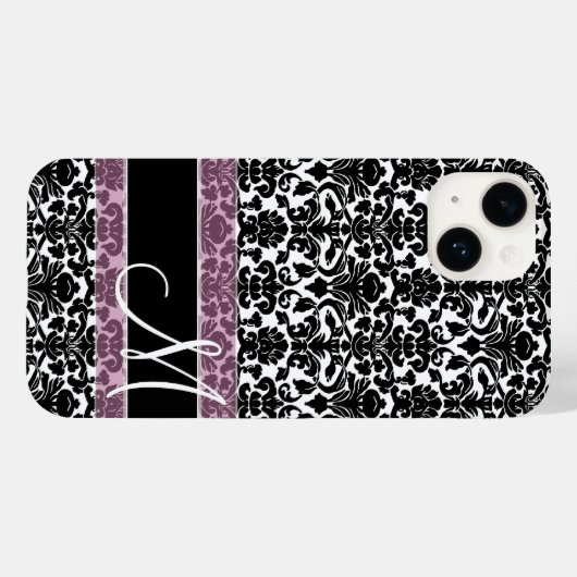 Schwarz-Weiß-Damast-Muster mit Monogramm Case-Mate iPhone Hülle (Rückseite (Horizontal))