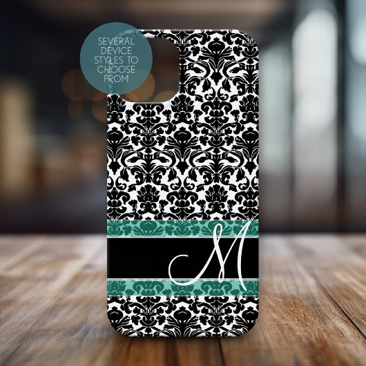 Schwarz-Weiß-Damast-Muster mit Monogramm Case-Mate iPhone Hülle