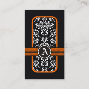 Schwarz weiß Damast orange Band Monogramm Visitenkarte