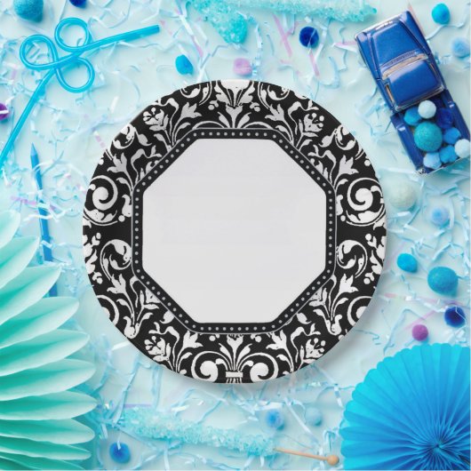 Schwarz-Weiß-Damast Pappteller (Party)