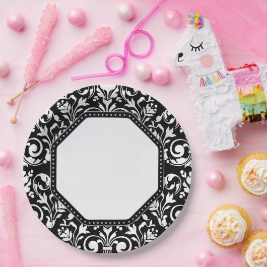 Schwarz-Weiß-Damast Pappteller (Party)