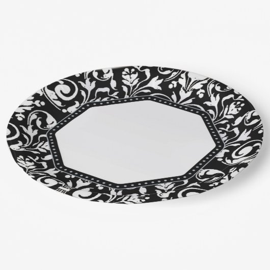 Schwarz-Weiß-Damast Pappteller (Schrägansicht)