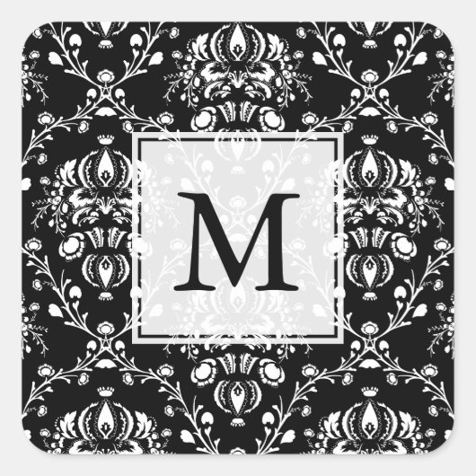 Schwarz-Weiß-Damast Quadratischer Aufkleber (Vorderseite)