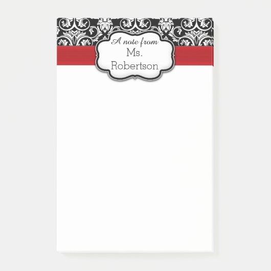 Schwarz/Weiß-Damast, Red Ribbon-Lehrerin/Damen Post-it Klebezettel (Vorderseite)